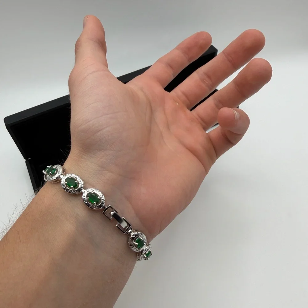 Silver Emerald Oval Halo Bracelet - Picture 6 of 8